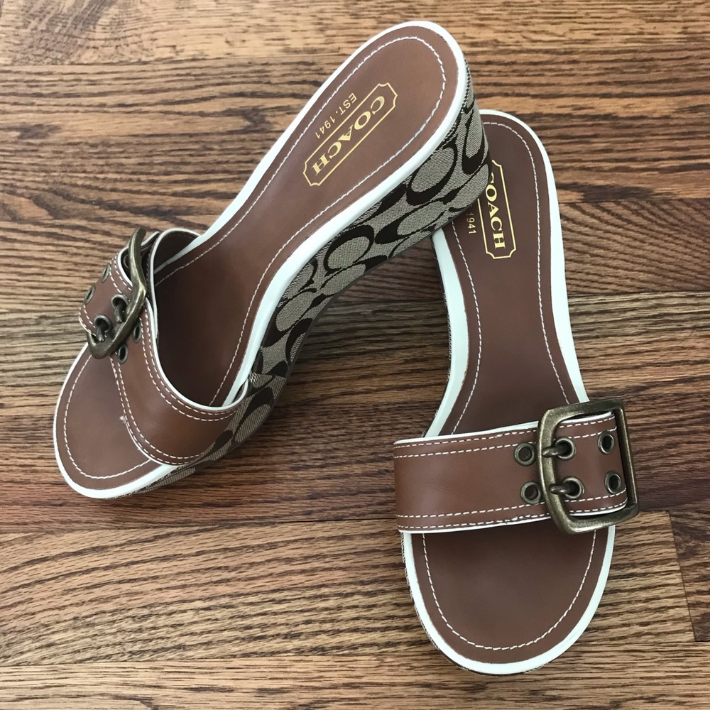 Coach Brown Leather Logo Wedge Sandals with White Trim